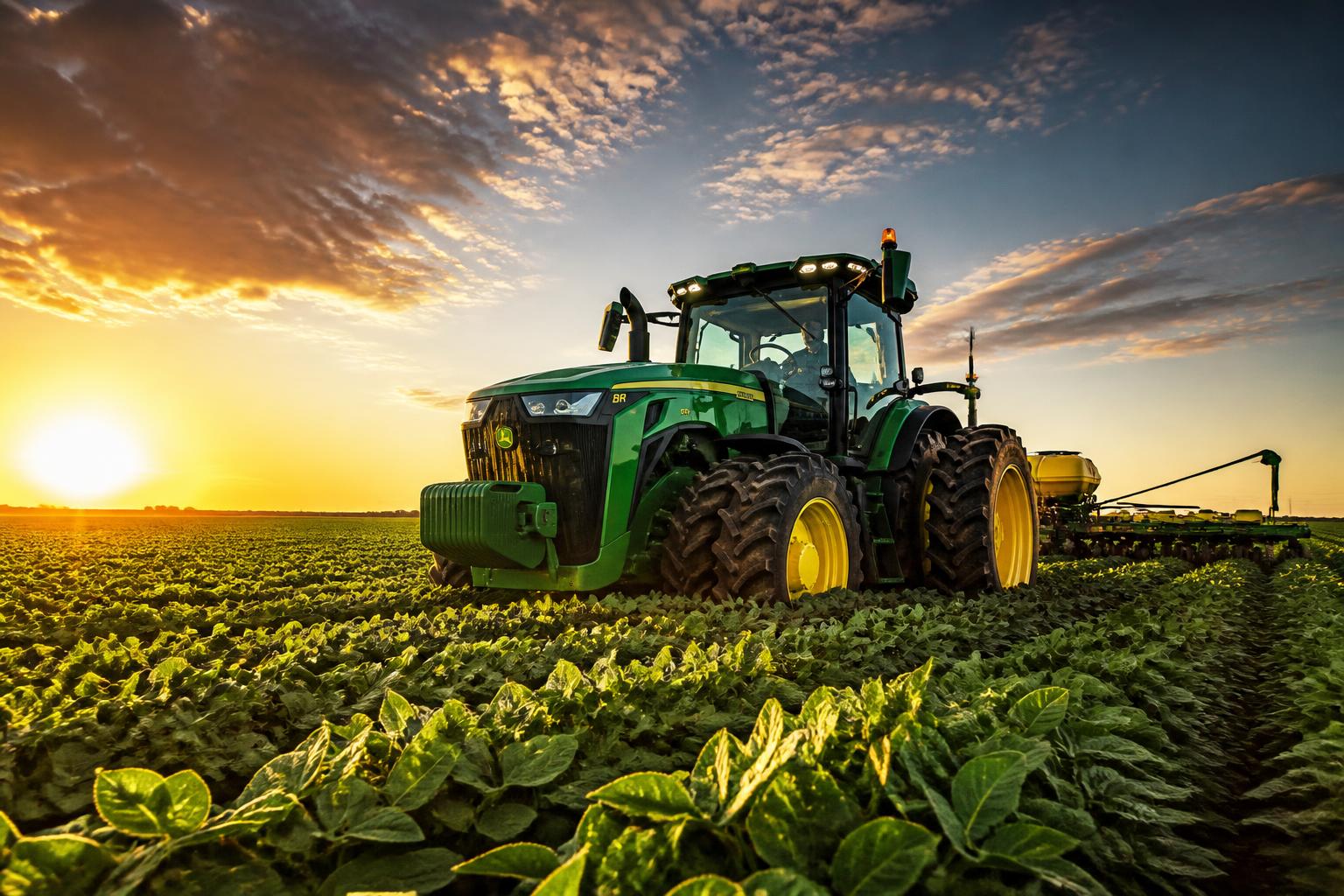Trator agrícola moderno em lavoura ao entardecer